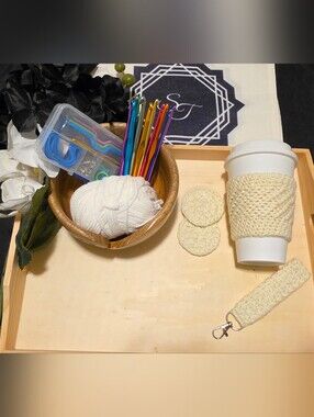 Handmade Crocheted Ivory Drink Wrap, Keychain, Car Coasters